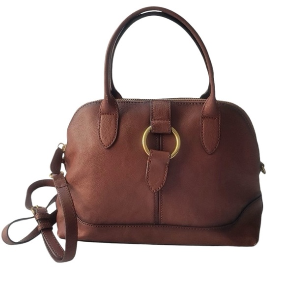 Frye Ring Dome Satchel Convertible Leather Crossbody Top Zipper Cognac Brown - Picture 5 of 13